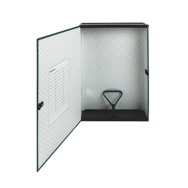 CW Office Q-Connect 75MM Box File FC Green PK5, open green box file with a lift-up lid, interior lined with patterned paper, featuring a paper pocket and a black plastic document holder inside.