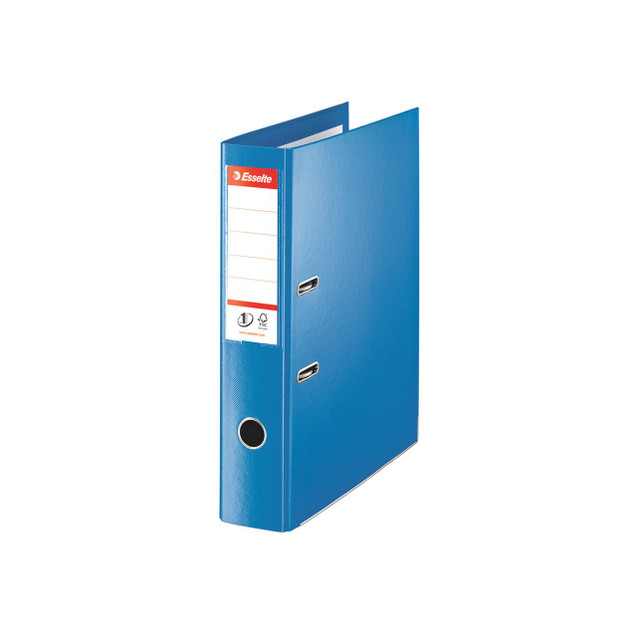 CW Office Esselte Lever Arch Foolscap PK10, blue lever arch file with white label and metal rings for filing documents.