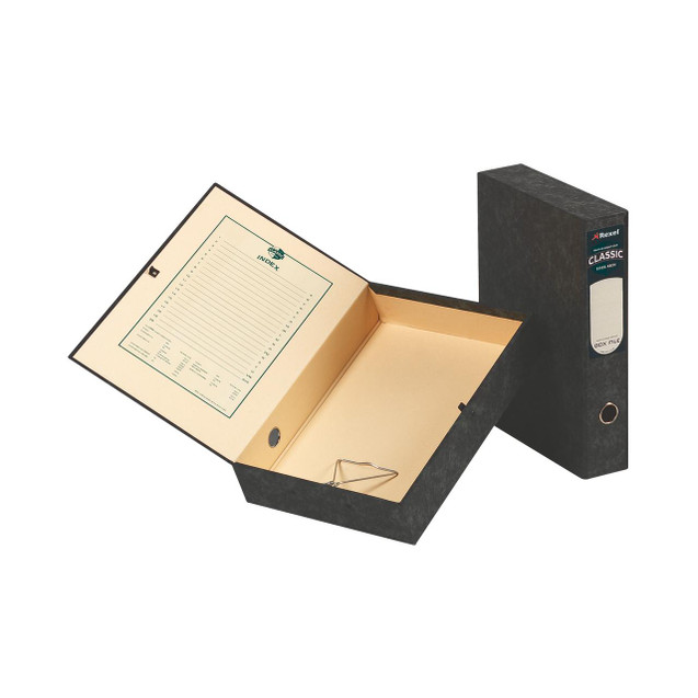 CW Office Rexel Classic Box File FC Black PK5, black box file with an open lid showing a cream interior and a label on the spine for filing and organizing documents.