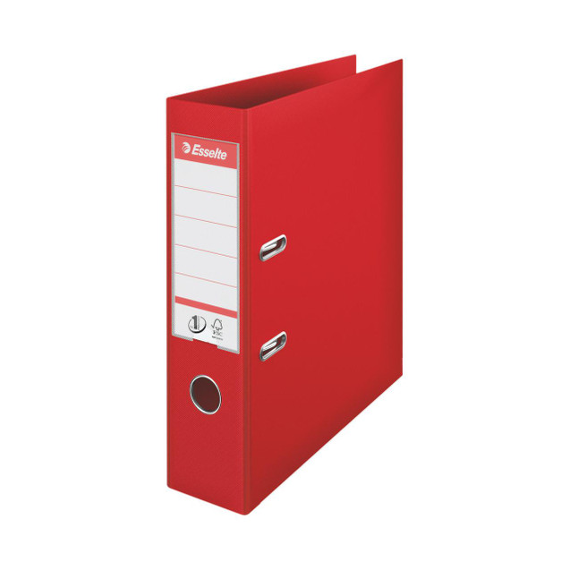 CW Office Esselte No 1 L/Arch 75MM A4 Red PK10, red A4-sized file storage box with ring binder rings on the side for organizing documents.