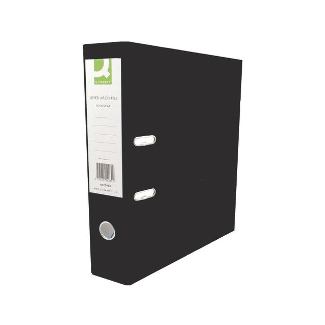 CW Office Q-Connect 70MM Leverarch A4 BLK PK10, black lever arch file with metal rings and label on spine for organization.