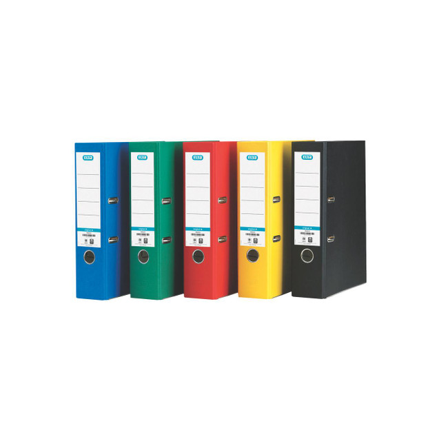 CW Office Elba Board Lever Arch A4 Astd PK10, a set of colorful lever arch files in blue, green, red, yellow, and black for organizing A4 documents.