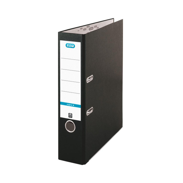 CW Office Elba Board Lever Arch A4 Black PK10, a black lever arch file with an A4 size, durable cover, and metal rings for organizing documents.