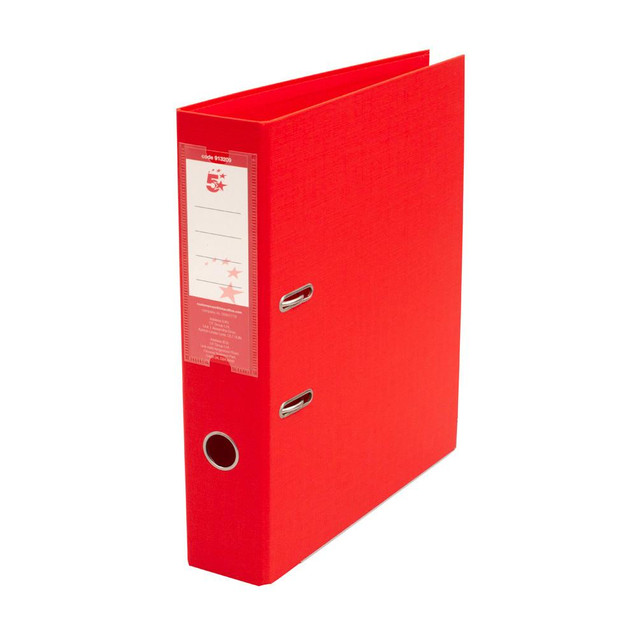 CW Office Prem Lach File FC 70MM Red PK10, red file folder for organizing documents with metal rings and label space.