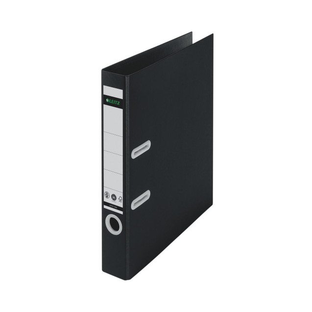 CW Office Leitz LAF180 Recyc 50MM A4 Black Pack 10, a black archive file folder with white label areas and handle grips for office organization.