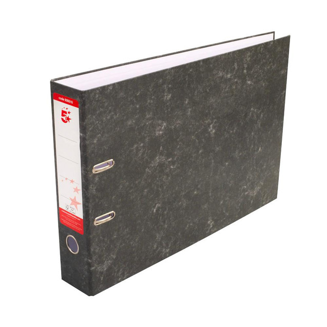 CW Office Lever Arch File A3 70MM Spine PK2, black marble design lever arch file with metal rings on the spine.