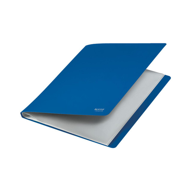 Leitz Recy Clipboard, blue file with 20 pockets for A4 documents, featuring butterfly clip system, recyclable material.