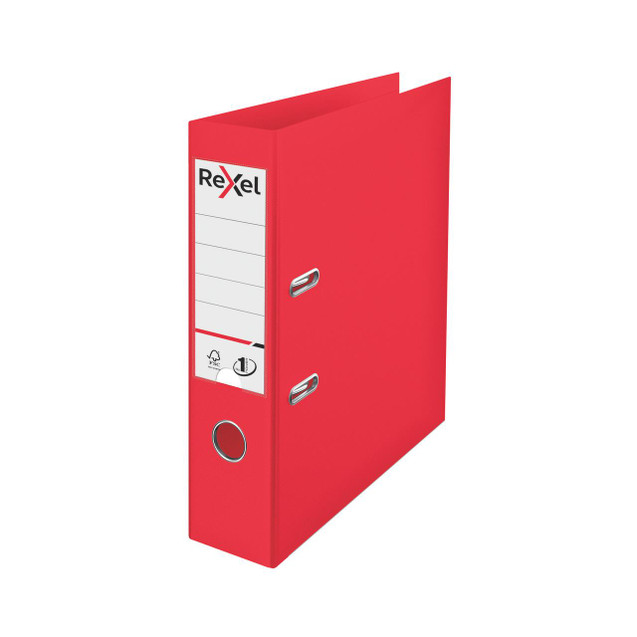 CW Office Rexel Choices 75MM Lever Arch A4 Red, a red plastic lever arch file with metal ring mechanism and label holder for document organization.