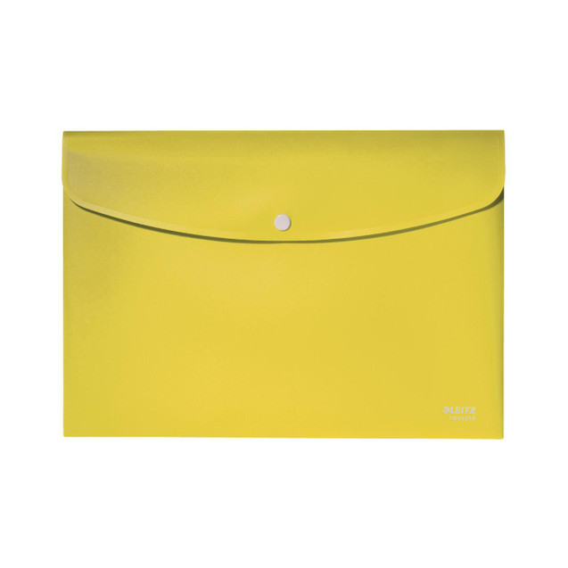 CW Office Leitz Recycle Doc Wallet A4 Ylw PK10, yellow recycled document wallet with a snap closure for organizing A4 size documents.