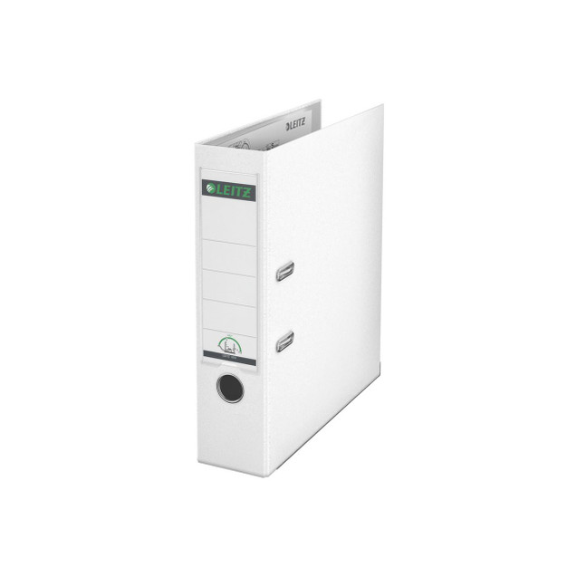 CW Office Leitz 180 Lach File 80MM A4 WHT PK10, white file folder with label holder and metal rings for organizing A4 documents.