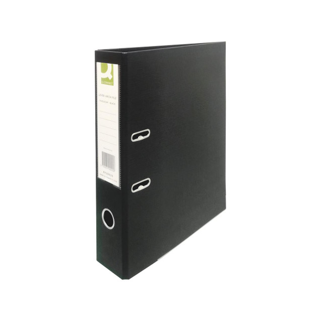 CW Office Q-Connect Arch File Foolscap PK10, black lever arch file with metal rings for organizing documents.