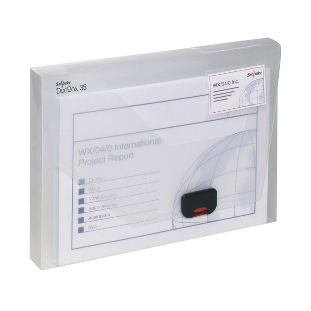 CW Office Snopake Docbox 35MM Clear PK 1, transparent plastic document storage box with a secure latch, for organizing and protecting reports and files.