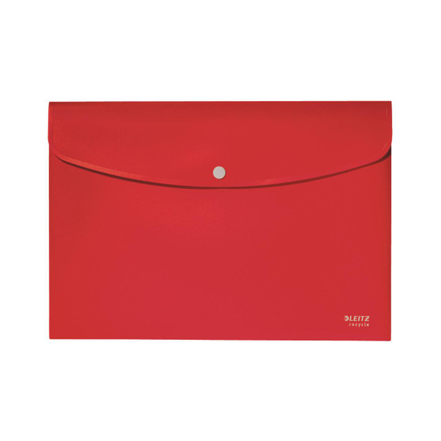 CW Office Leitz Recycle Doc Wallet A4 Red PK10, a red plastic document wallet with a snap button closure.
