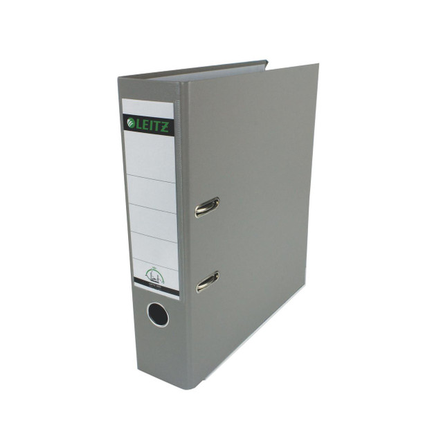 CW Office Leitz 180 Lach File 80MM A4 GRY PK10, grey file binder with a label holder and metal rings for organizing documents.