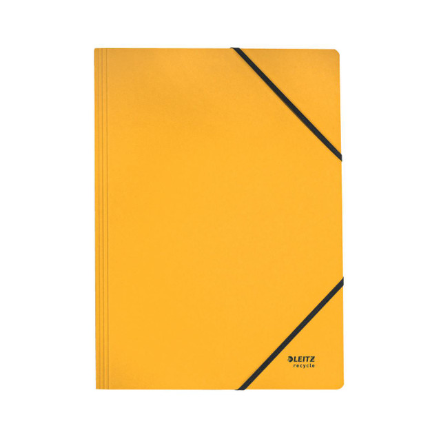 CW Office Leitz Recycle Folder Elas A4 Ylw P10, yellow elastic binder folder with black elastic straps and Leitz Recycle branding.