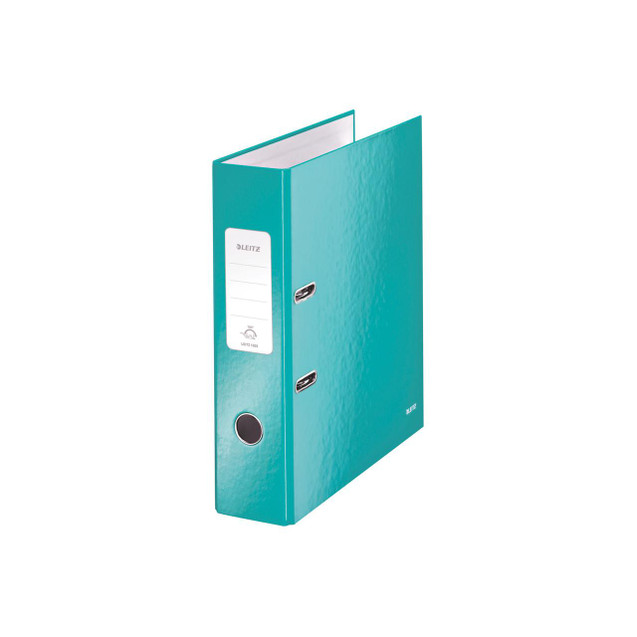 CW Office Leitz Wow Lach File Ice Blue PK10, a blue-colored ring binder file, with a textured cover and label area for customization.