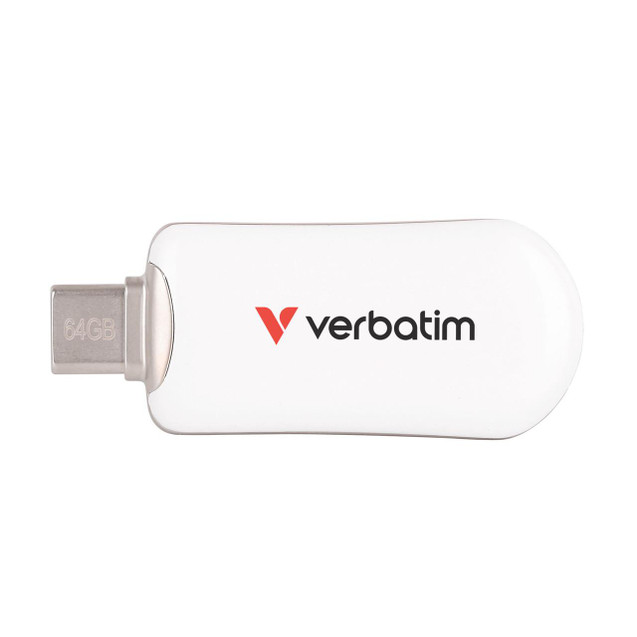 CW Office Plectra USB-C Flash Drive White 64GB, front view showing the white casing and Verbatim logo, USB-C connector with 64GB storage capacity.