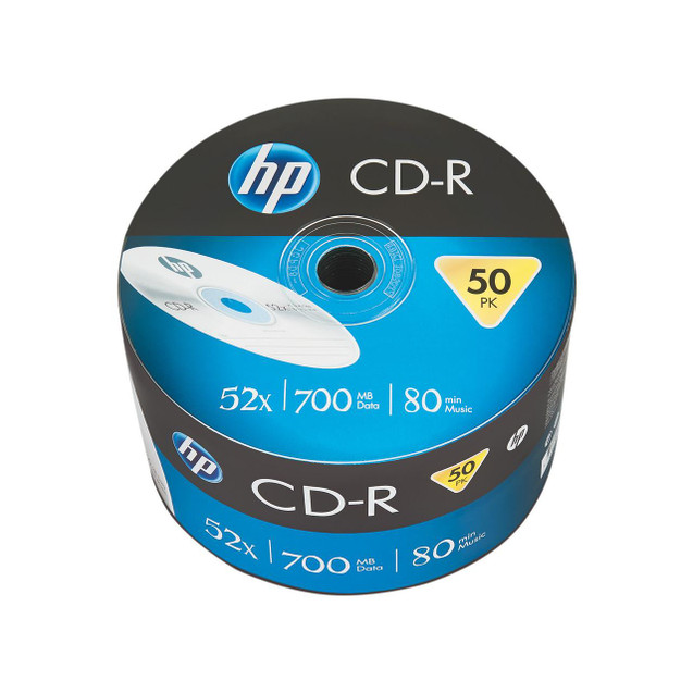 CW Office HP CD-R 52X 700MB Wrap PK50, blank recordable compact discs in a spindle pack containing 50 discs with 52x write speed, 700MB storage capacity, and 80 minutes of music recording time.