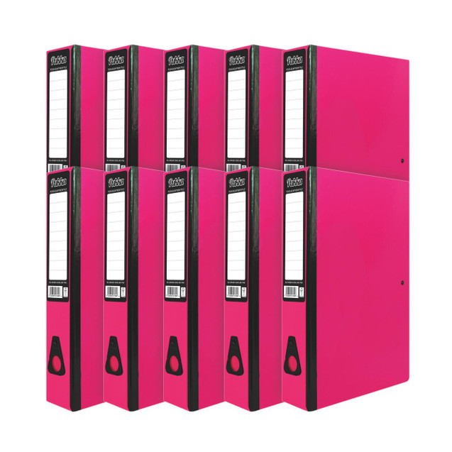 CW Office Pukka Brights Box File FC Pink PK10, a set of ten vibrant pink plastic lever arch file folders with label holders for organized filing.