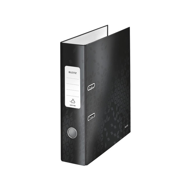 CW Office Leitz 180 Wow La File A4 Black PK10, black A4 file folder with a geometric pattern and white label for organization.