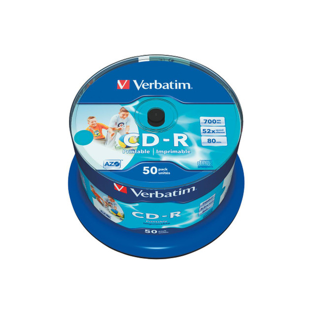 CW Office Verbatim CD-R Azo Wp Spindle PK50, image of a 50-pack spindle of printable and recordable CD-R discs.