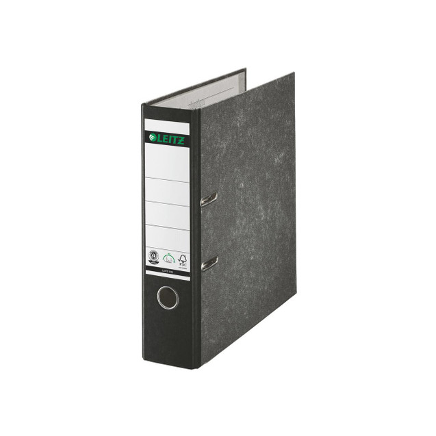 CW Office Leitz 180 Lach File 80MM FC BLK PK10, black file folder for document organization with metal rings and label holder.