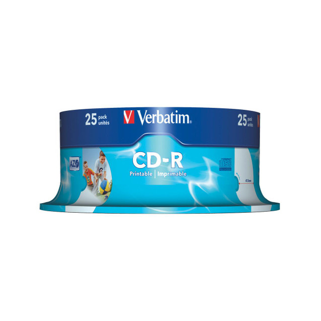 CW Office Verbatim CD-R Datalife+ PK25, a pack of 25 printable and erasable CD-R discs in blue packaging with a family image and compact disc symbol.