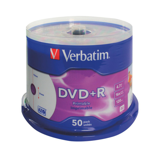 CW Office Verbatim DVD+R 16X 4.7GB Spindle 50, a spindle of 50 writable DVDs for data storage and backup.