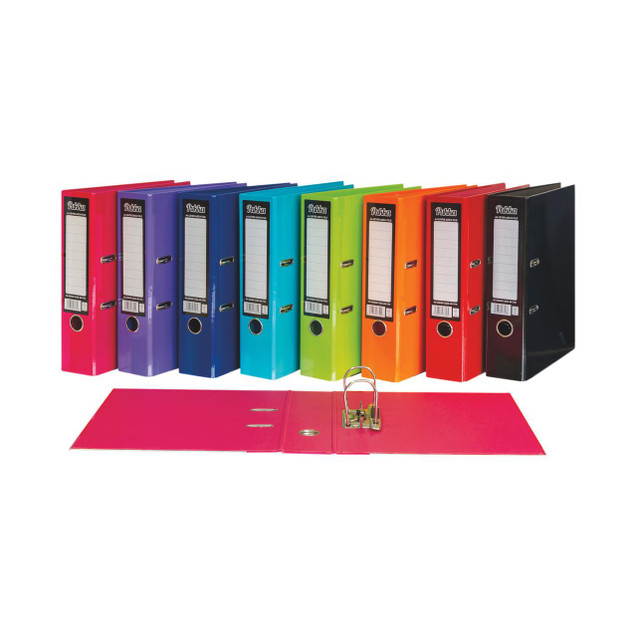 CW Office Pukka Brights Lever Arch A4 Asd P10, colorful set of lever arch files with metal rings and editable label windows.