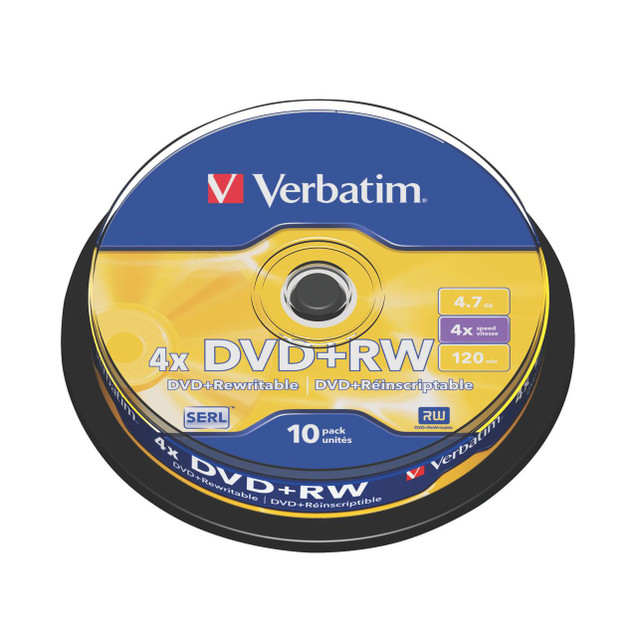 CW Office Verbatim DVD + Rw Non Print 10 pack, image of a spindle of 10 rewritable DVDs with storage capacity of 4.7 GB, speed 4x, and 120 minutes recording time.