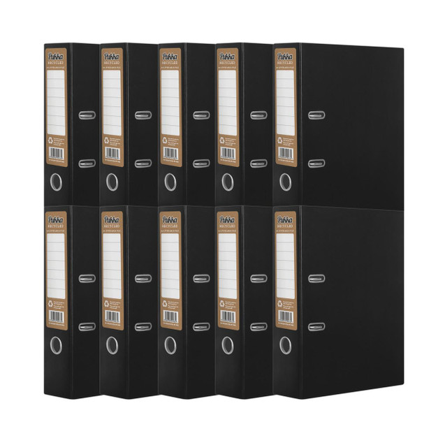 Product CW Office Pukka Recycled L/Arch A4 - BLK PK10, set of ten black recycled A4 lever arch file binders with label windows for organization.