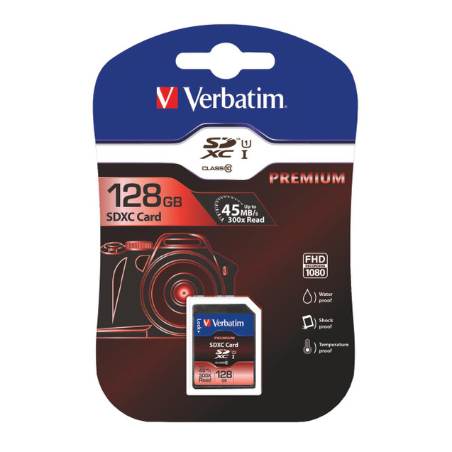 CW Office Verbatim Premium SDXC Memory Card 128GB, retail packaging with a camera graphic, waterproof, shockproof, and temperature proof features, supports 45MB/s transfer speed, 300x read speed, FHD 1080p recording, and includes a small SD card image.