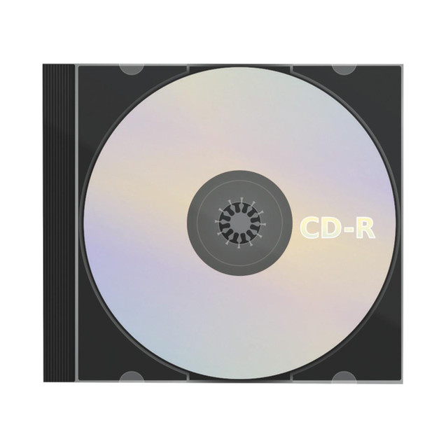 CW Office CD-R Slim Jewel Case 80MIN 52X 700MB, blank writable CD in slim jewel case with silver reflective surface and black plastic edges.