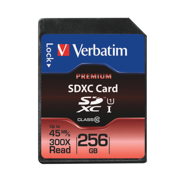 CW Office Verbatim Premium 256GB SDXC Memory Card, detailed close-up image showing the product packaging with specifications and branding.