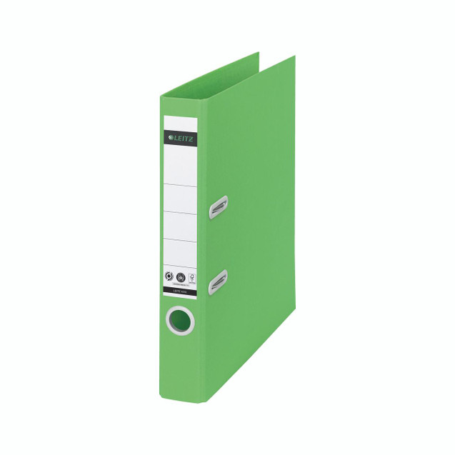 CW Office Leitz Recycle Laf A4 80MM Green PK10, office file folder with label and ring mechanism for document organization.