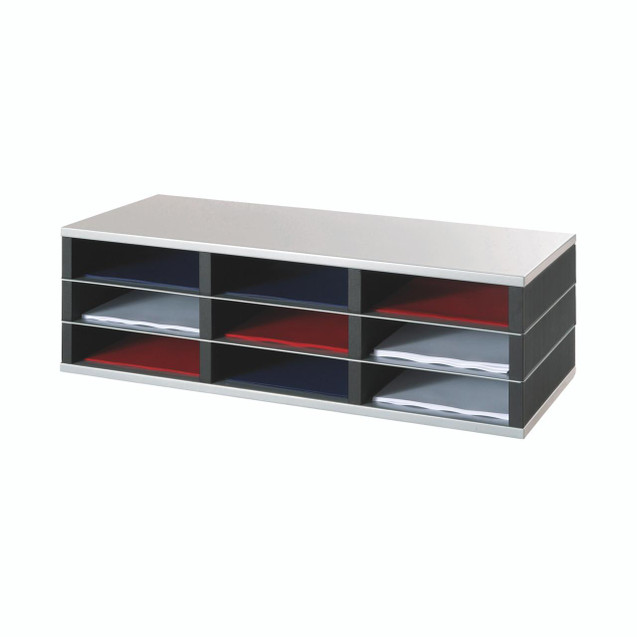 CW Office Fast Paper 9-COMPARTMENT Sorter A4, workstation organizing paper trays with nine compartments in black, red, gray, and blue for efficient document storage.