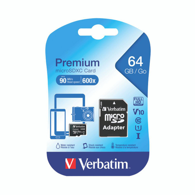 CW Office Verbatim Premium SDXC 64GB microSD card, image of packaging with microSD card and adapter, water, shock, and temperature resistant features