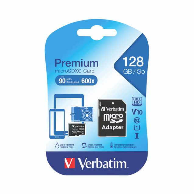 CW Office Verbatim Premium SDXC 128GB microSDXC card with adapter, water, shock, and temperature resistant, with up to 90 MB/s read speed and 600x transfer rate, packaged for storage and media devices.