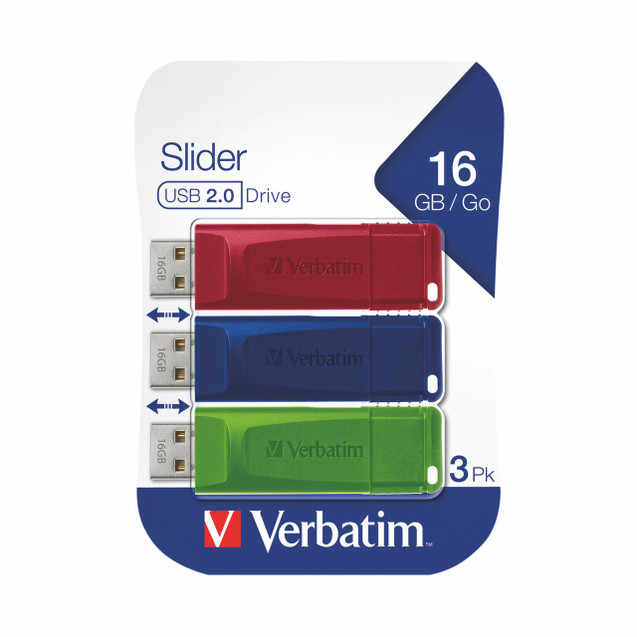 CW Office Verbatim USB 2.0 16GB PK3, image of three colorful USB flash drives in red, blue, and green, with 16GB storage capacity on packaging