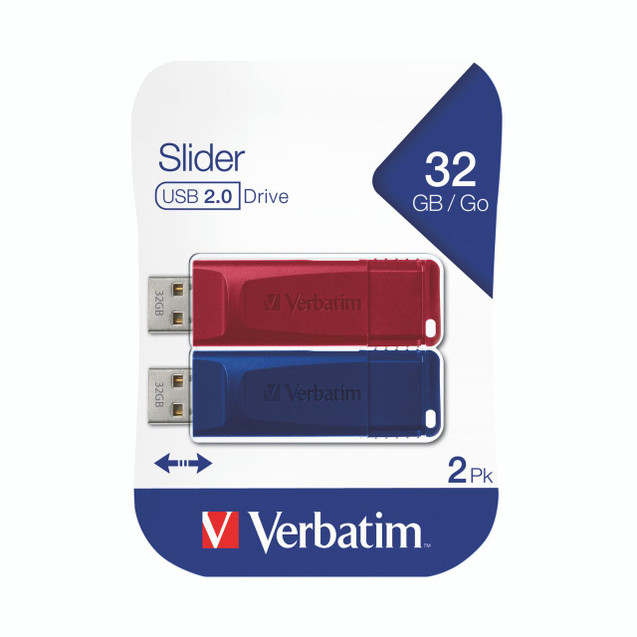 CW Office Verbatim Sng USB 2.0 32GB PK2, image of two USB flash drives in red and blue with 32GB storage capacity each, part of Verbatim's product packaging.