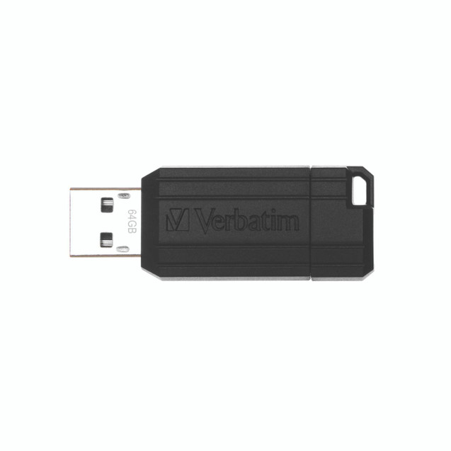CW Office Verbatim Pinstripe 64GB USB Drive, black USB flash drive with a compact design and the Verbatim logo, showcasing storage capacity of 64GB.