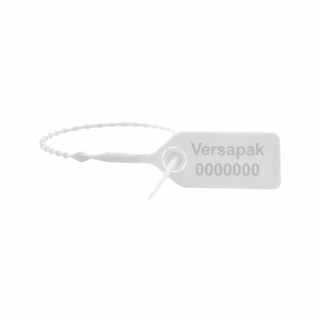 CW Office Versapak Versalite S/Seal WHT PK1000, white security seal tag with plastic lock and beaded chain loop.