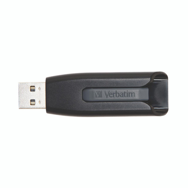 CW Office Verbatim USB 32GB Store Ngo Drive, portable black USB flash drive with cap covering USB connector.