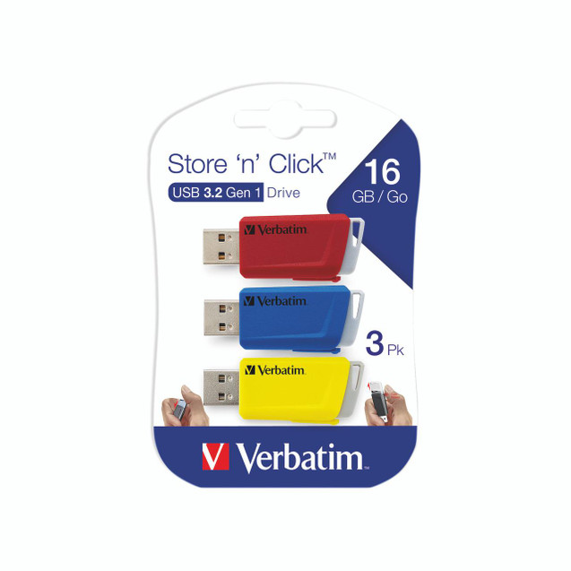 Product CW Office Verbatim Store 'n' Click USB 16GB PK3, image of three multi-color USB flash drives in red, blue, and yellow with Verbatim branding on white packaging.
