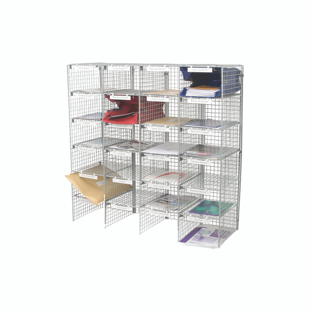 CW Office Gosecure Mail Sorter 24 Compart Grey, Grey metal wire mail sorting rack with 24 compartments, used for organizing and sorting office mail and documents.