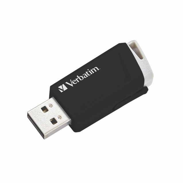 CW Office Verbatim Store And Click USB 32GB, black and white portable USB flash drive with Verbatim branding.