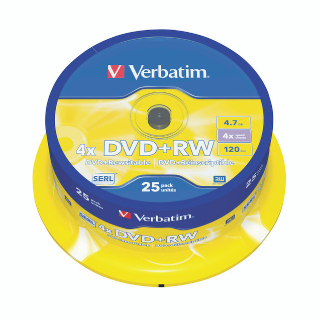 Product CW Office Verbatim DVD+RW 4X Silver Spindle 25, DVD rewritable disc storage package with 25 discs in a yellow and blue spindle container.