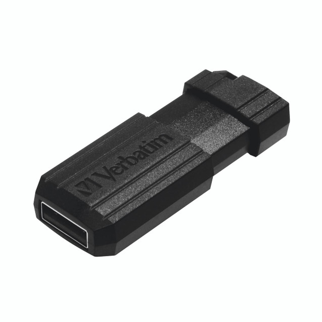CW Office Verbatim Pinstripe 32GB USB Drive, black USB flash drive with a textured pinstripe design and Verbatim branding.