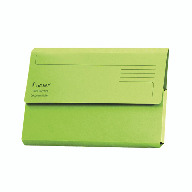 CW Office Exacompta Forever Doc Wlt Bgrn PK25, green recycled document wallet with tabbed buckle closure and insertable label area.