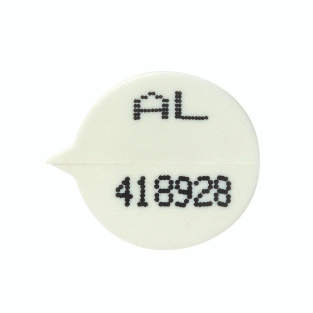 CW Office Seals Numbered White PK500, close-up of a white, round, numbered office seal with black printed numbers and symbols on a plain background.